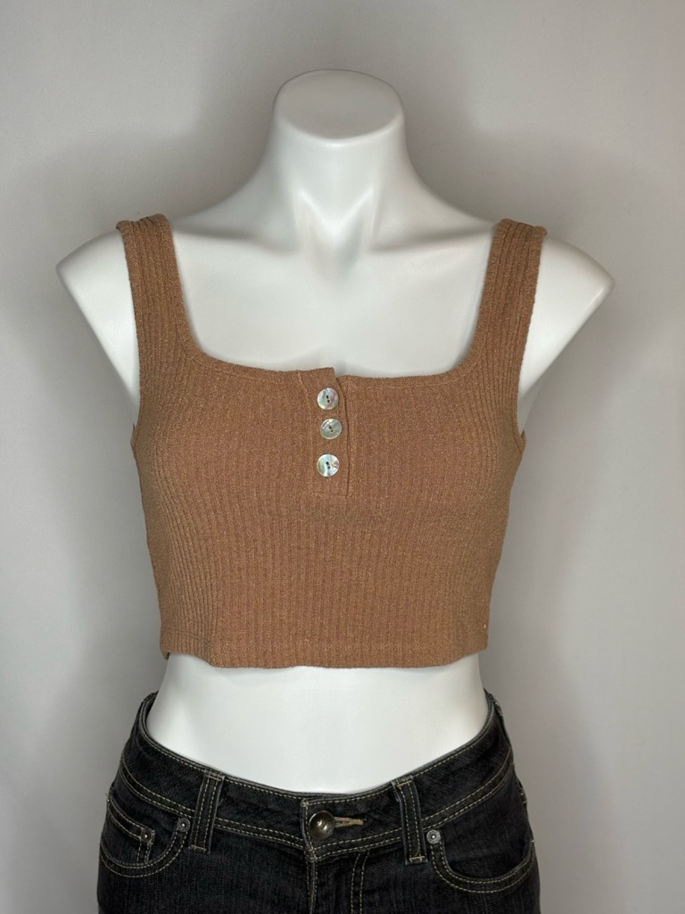 Cropped Ribbed Button-Front Crop Tank, Camel - MWL Madewell, Medium